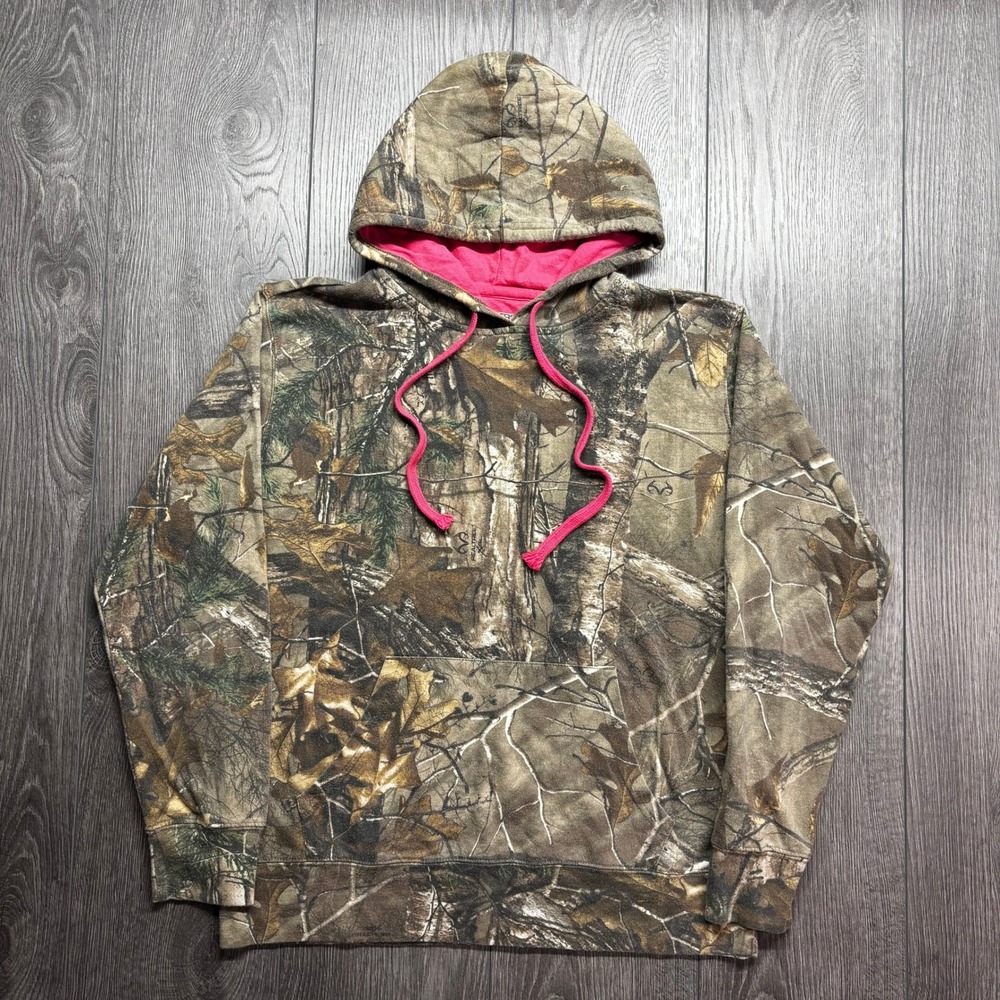 Realtree Camo Hoodie Womens Medium Pink Contrast Y2K Camouflage Sweatshirt